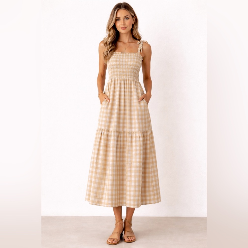 NWT Tan Cream Gingham Smocked Cotton Midi Dress Size L Pockets cottagegore